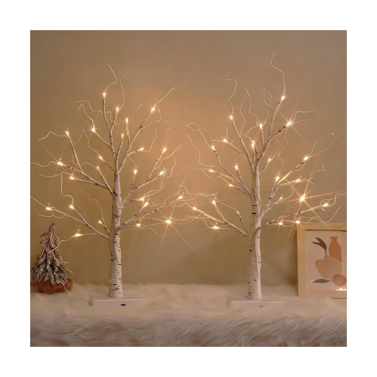 White Birch Tree with LED Lights, Lighted Birch Tree for Tabletop, USB/Battery Operated 24 LED Warm White Tree, 2FT Mini Christmas Tree Decor for Indoor Home Christmas Decorations (2 Pack, Timer)