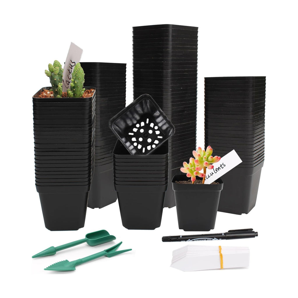 100 Pcs 2.6" Square Nursery Pots for Seeds - Thickened Reusable Plastic Seedling Pots with 60 Plant Labels & Tools - Seed Starter Pots with Drainage for Succulents, Flowers, Cuttings & Greenhouse