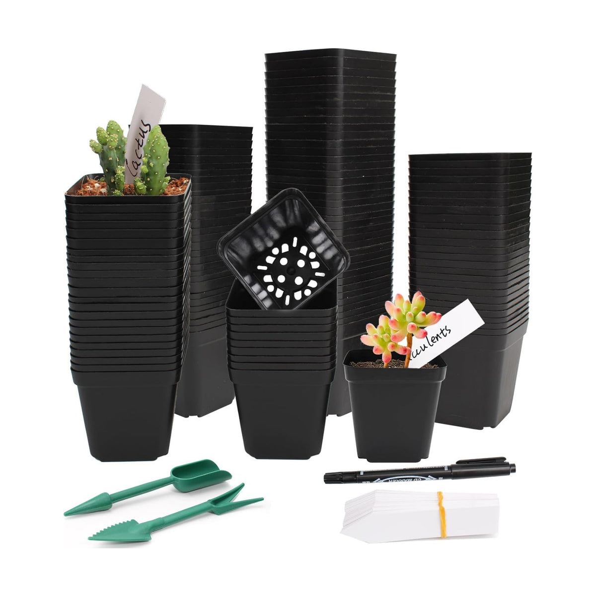 100 Pcs 2.6" Square Nursery Pots for Seeds - Thickened Reusable Plastic Seedling Pots with 60 Plant Labels & Tools - Seed Starter Pots with Drainage for Succulents, Flowers, Cuttings & Greenhouse