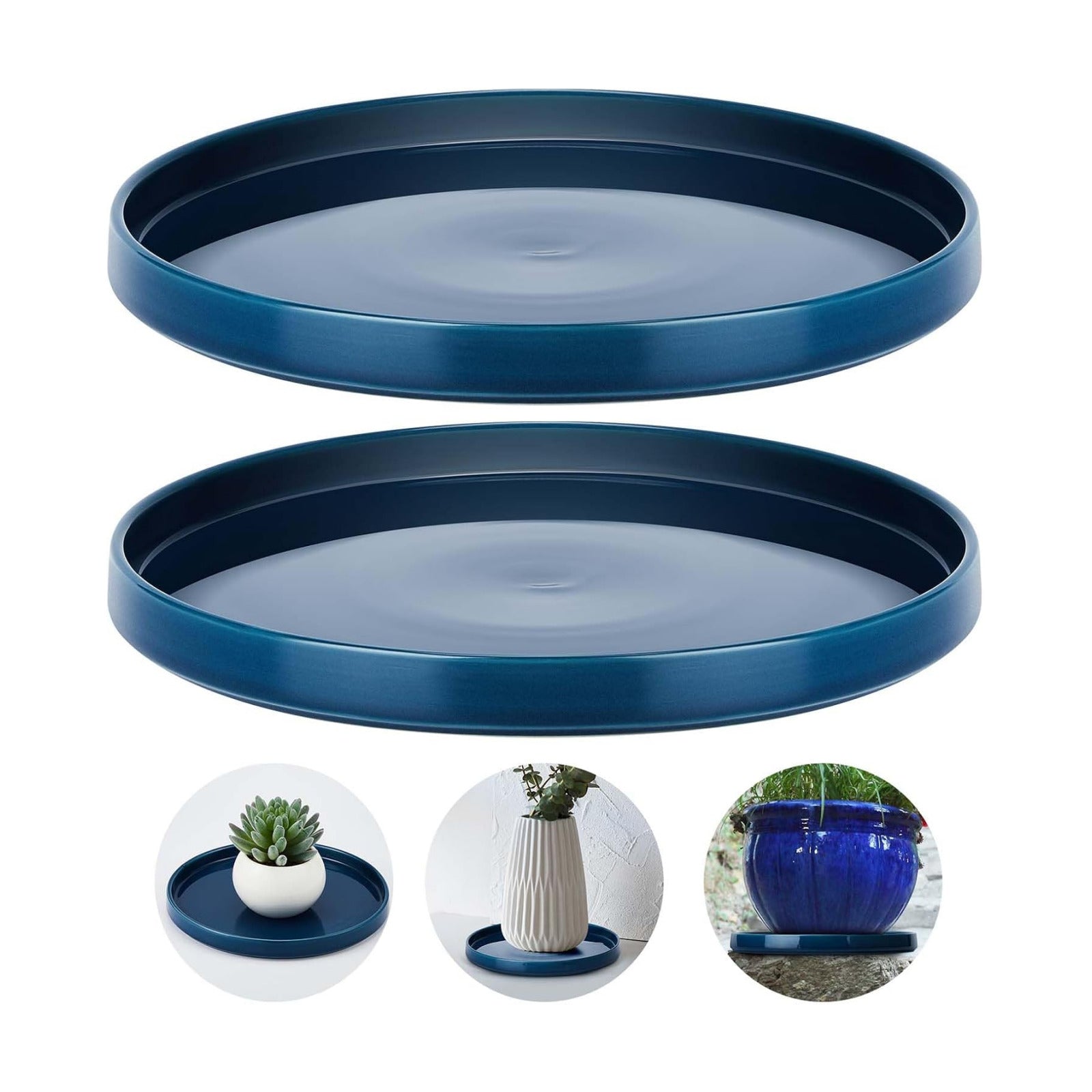 2 Pcs 10 Inch Ceramic Plant Saucer Outdoor Indoor Plant Tray Round Flower Pot Drip Trays Blue Flower Drainage Glazed