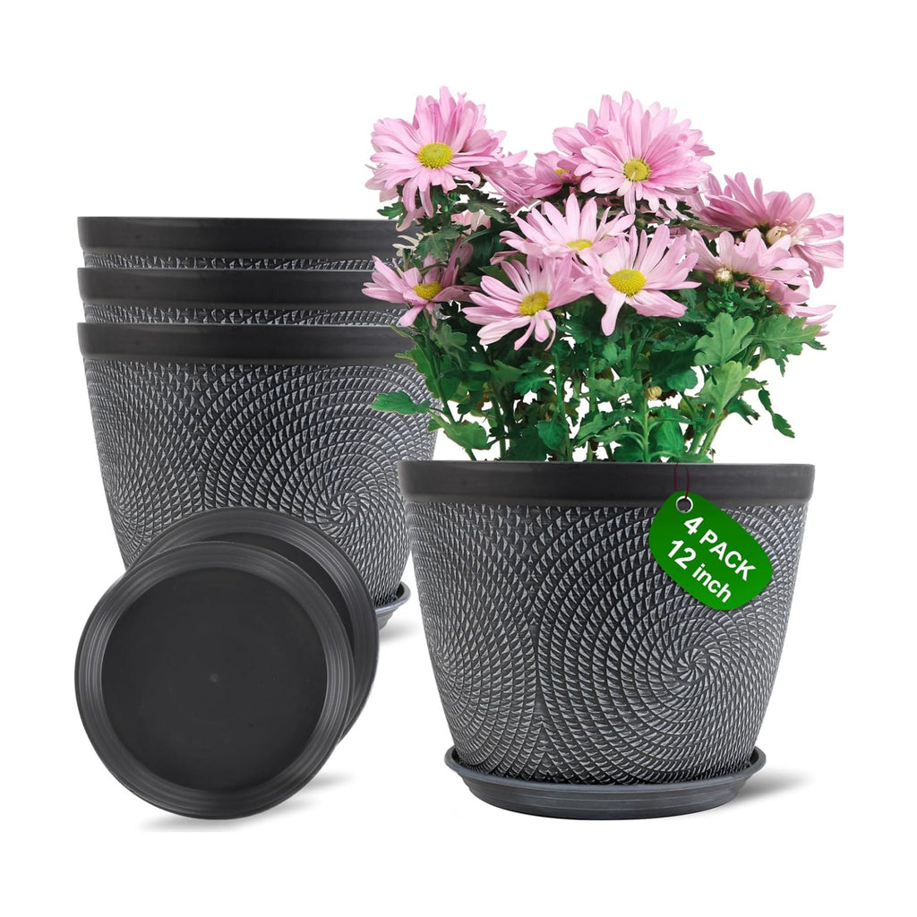 Quarut Large 12 Inch Plant Pot for Plants Outdoor Indoor, 4 Pack Plastic Flower Pots with Drainage Hole & Saucer