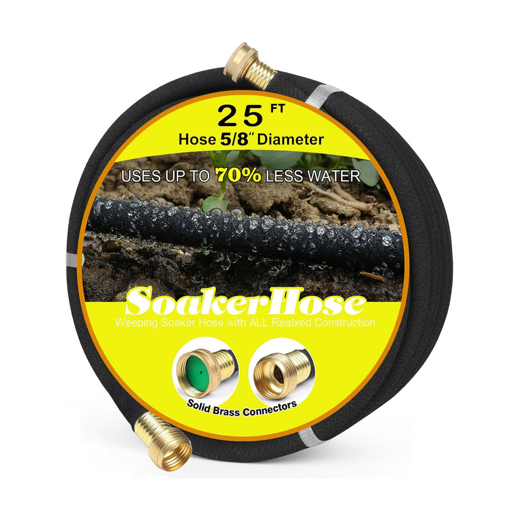 Soaker Hose 25FT 5/8" Diameter for Garden Beds Solid Brass Interface Irrigation Save 70% Water Heavy Duty Rubber Great