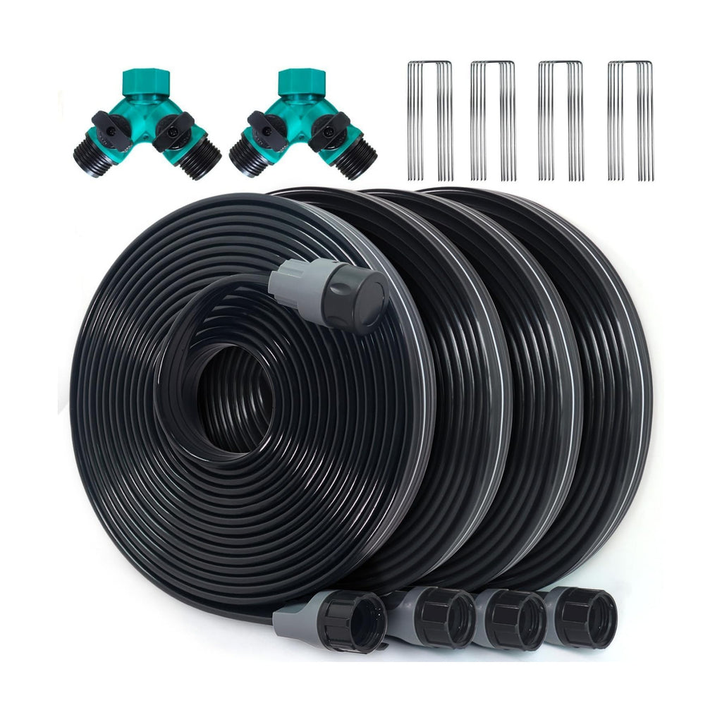 Sprinkler Hose with Holes, Flat Soaker Hose 100 Ft (25 ft 4pack) with Garden Staples and Splitters, Watering Drip