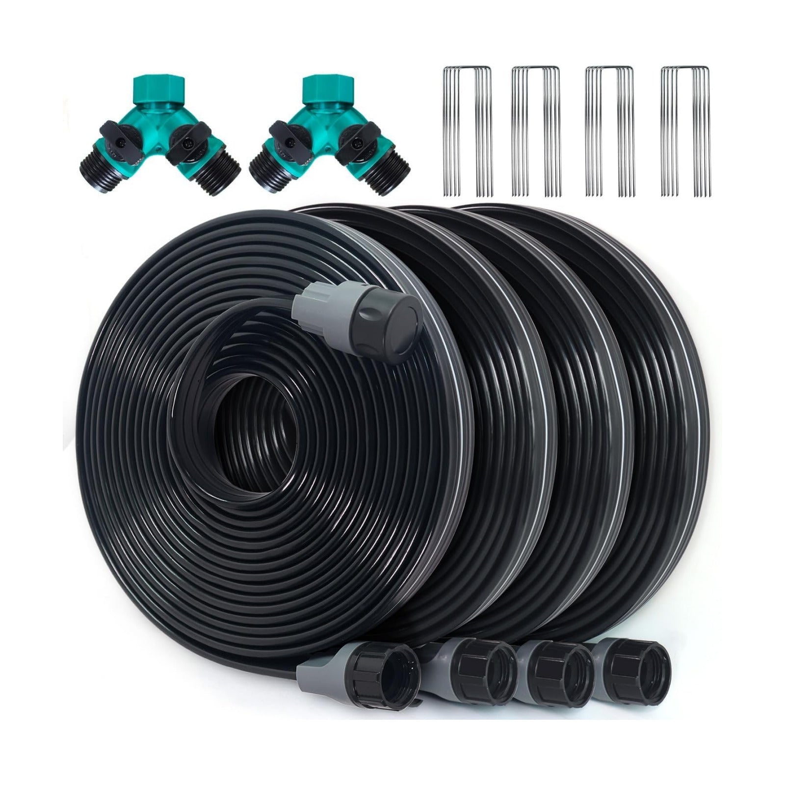 Sprinkler Hose with Holes, Flat Soaker Hose 100 Ft (25 ft 4pack) with Garden Staples and Splitters, Watering Drip