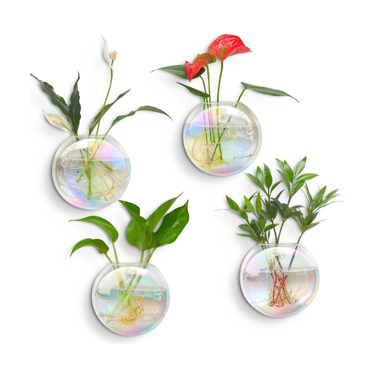 Kingbuy Wall Hanging Glass Planters Propagation Station - 4 Pack Iridescent Oblate Globe Flower Vases for Air Plants, Glass Terrariums with Floating Holders, Boho Indoor Hydroponic Home Office Decor