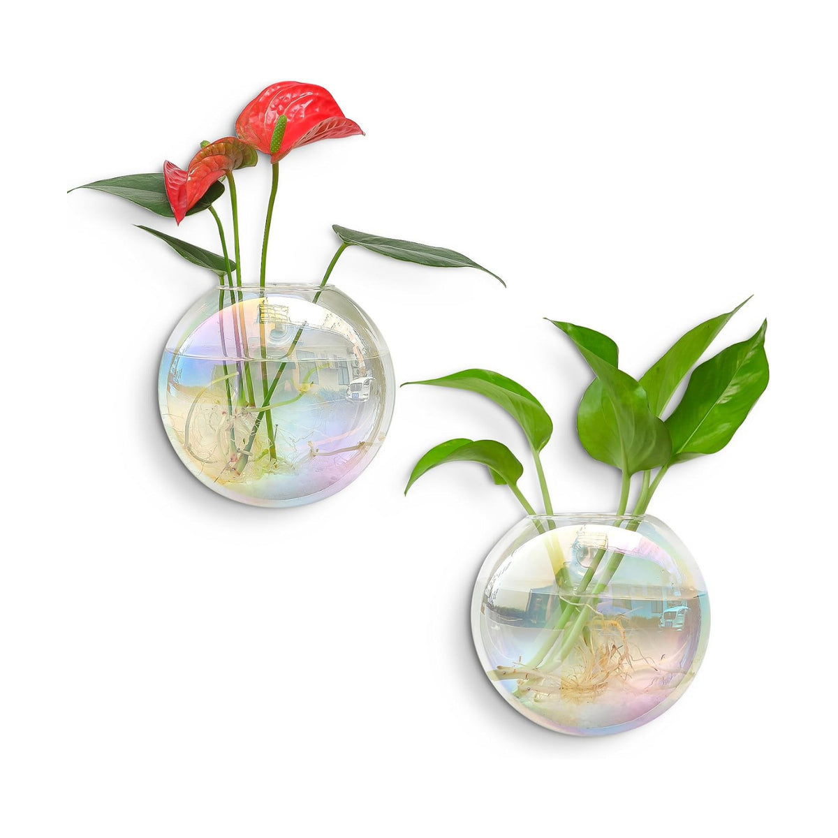 Kingbuy Wall Hanging Glass Planters Propagation Station - 2 Pack Iridescent Oblate Globe Flower Vases for Air Plants, Glass Terrariums with Floating Holders, Boho Indoor Hydroponic Home Office Decor