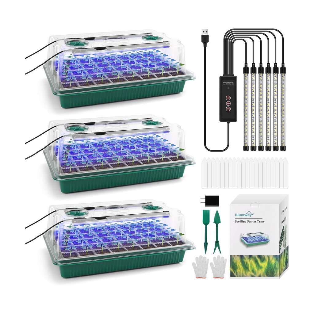 Seed Starter Tray with Grow Light, Humidity Dome, 3 Pack 120 Cells | Seedling Tray Kit with Vented Dome & Drainage