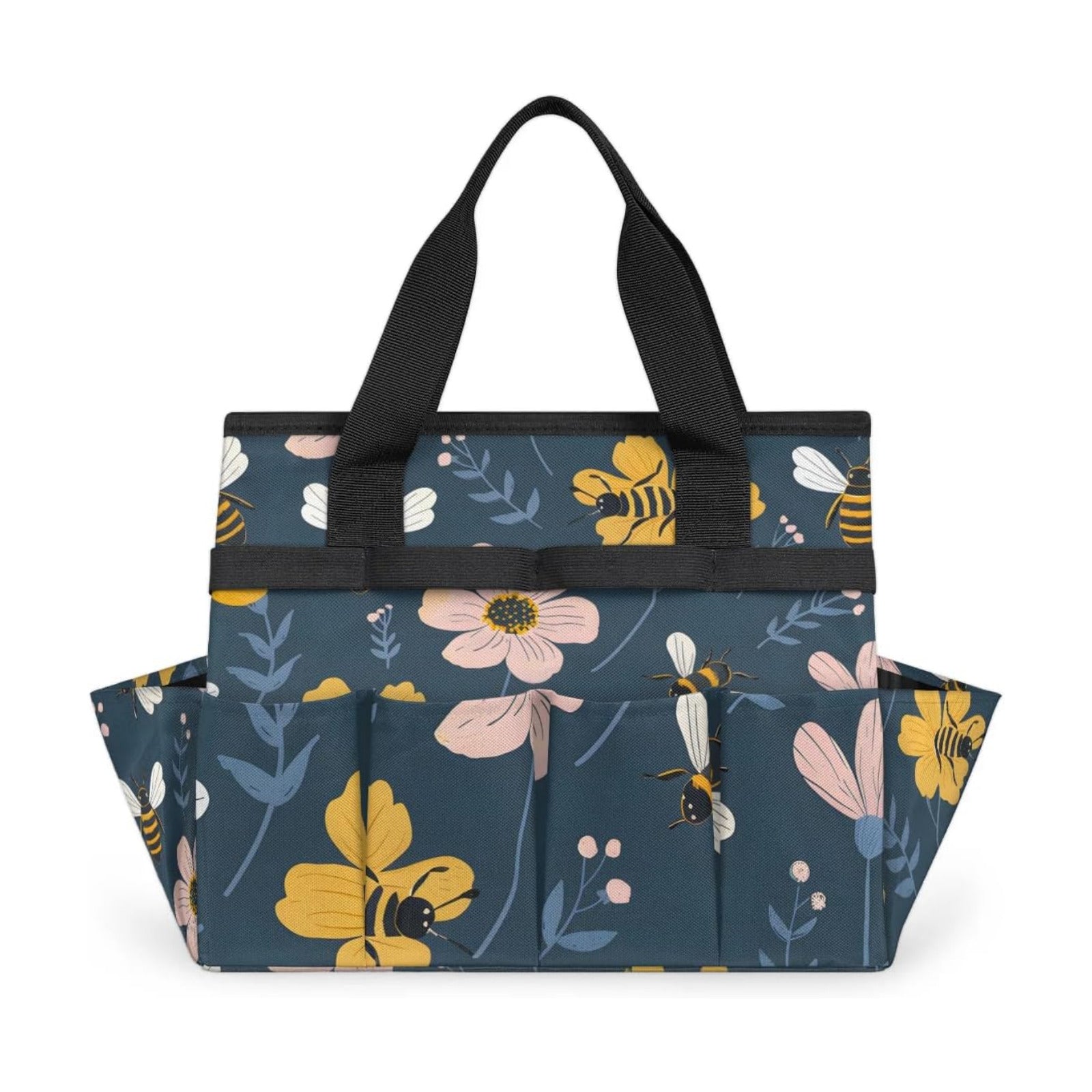 Garden Tote Bag with Pockets Bee Flower Gardening Bags for Tools Organizer Heavy Duty Storage Bag with Handle for Lawn