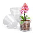 FUIJOL Orchid Pot, 6 Pack 4 Inch Clear Orchid Pots with Holes and Saucers for Repotting, Breathable Slotted Plastic Orchid Planters with Drainage for Root Health Indoor Outdoor