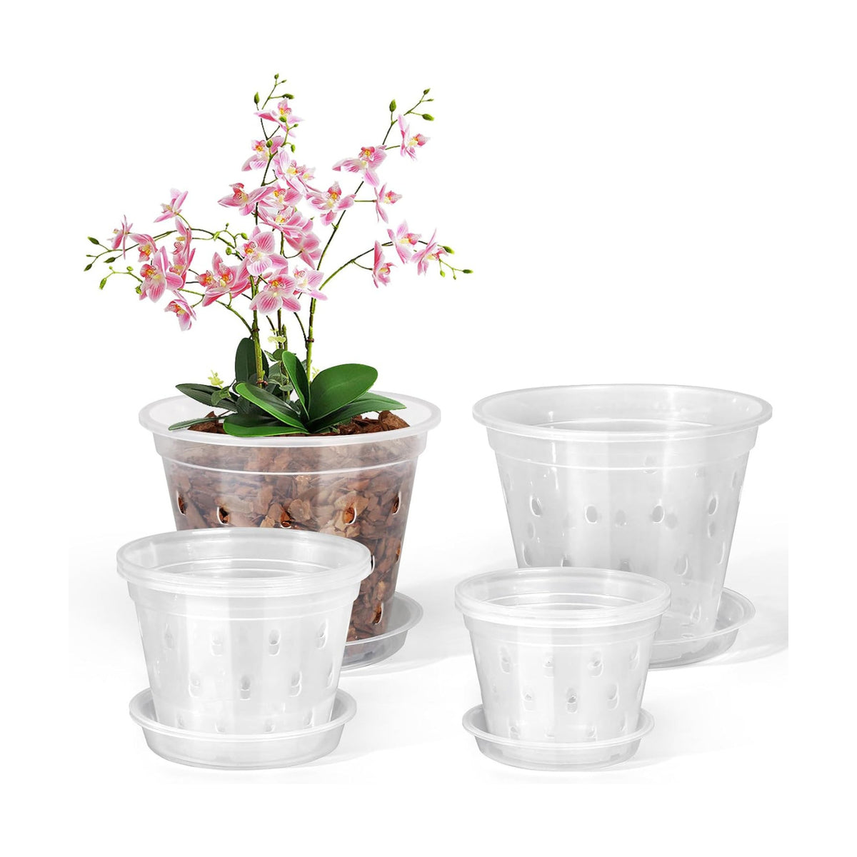 FUIJOL Orchid Pot, 6 Pack 456 Inch Clear Orchid Pots with Holes and Saucers for Repotting, Breathable Slotted Plastic Orchid Planters with Drainage for Root Health Indoor Outdoor