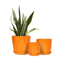 Ceramic Plant Pots Set of 3, Indoor Planter with Drainage Holes and Saucers | Orange Flower Pots for Indoor Plants