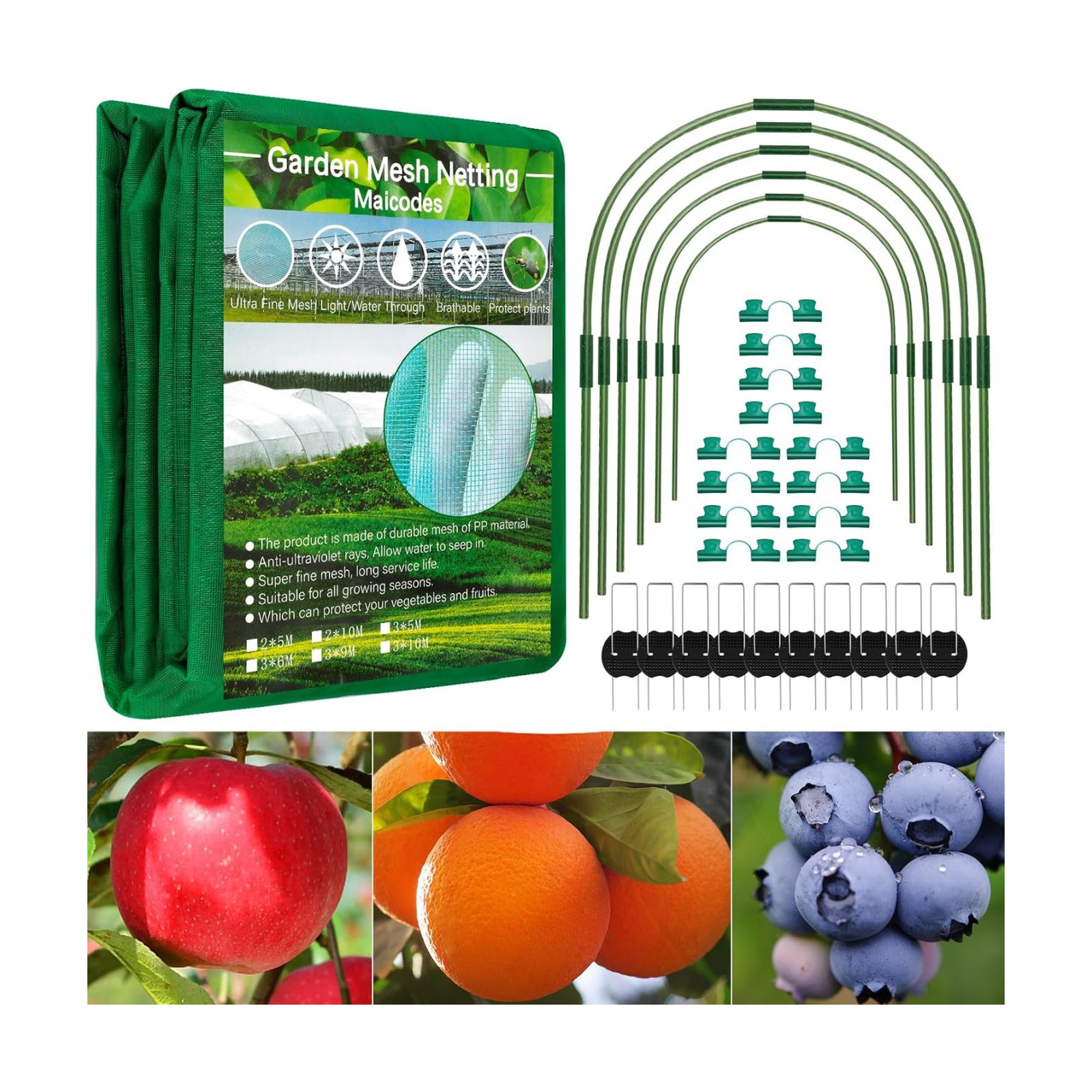 Garden Mesh Netting Kit 10 x 20 FT Garden Netting for Raised Beds with 6 Pcs Garden Hoops & 16 Pcs Garden Clips
