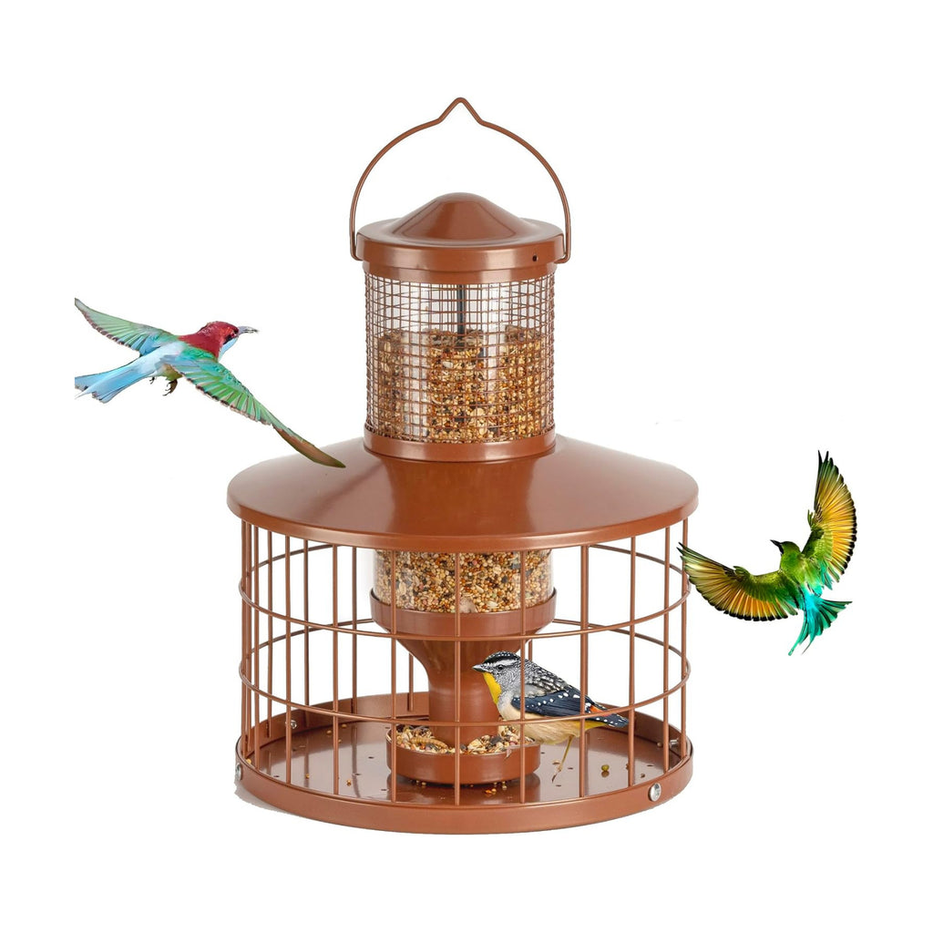 Caged Bird Feeders Squirrel-Proof, Metal, 2.8 Lbs Capacity-Cage Tube Seed Feeders with Tray Outdoor Hanging, Attract Birds,Detachable Cleaning, Starling Proof Wild Bird Feeder（Brown）