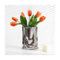 Ceramic Silver Flower Vase, Crinkle Paper Shape, Metal Decorative Home Accent (Large)