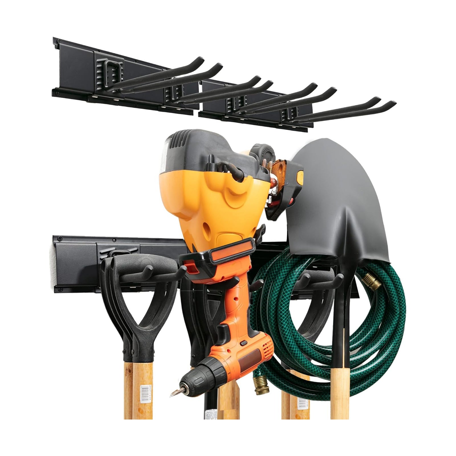 Garage Tool Organizer Wall Mount, 32", 2 Racks 4 Hooks, 200 lbs | 200 lbs, anti-rust carbon steel, garden tool