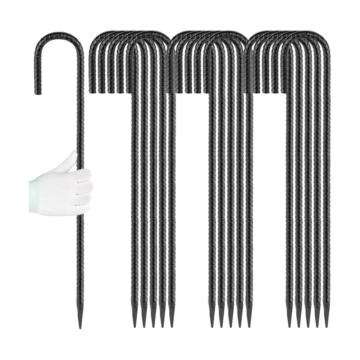 Besitu 24 inches J Hook Rebar Stakes (16-Pack), Extra Long Garden Stakes with Chisel Point End Steel Rebar Ground Stakes for Tent Chain Link Fence and Outdoor Decorations Black Coated