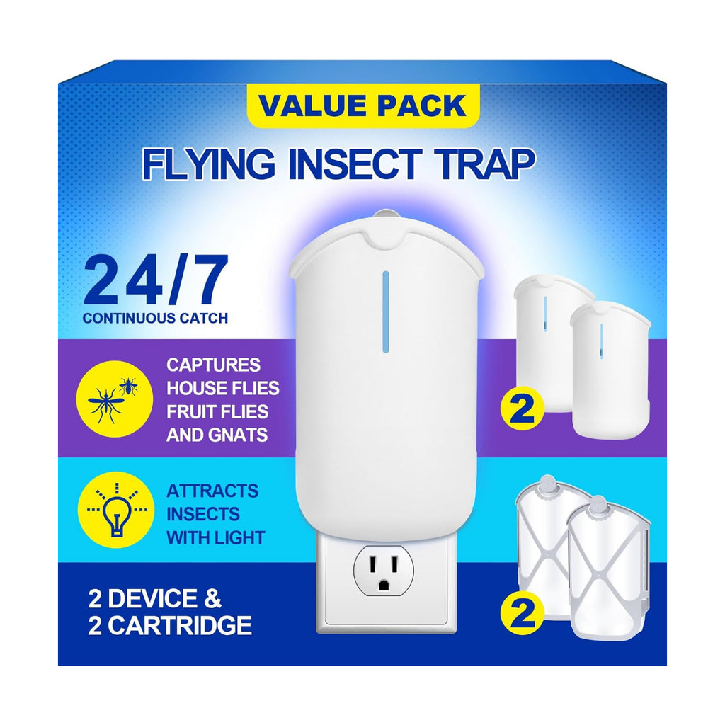 2 Flying Insect Traps & 2 Cartridges - Compatible with Refills | Plug in Fruit Fly Trap for Indoor - Bug Catcher for