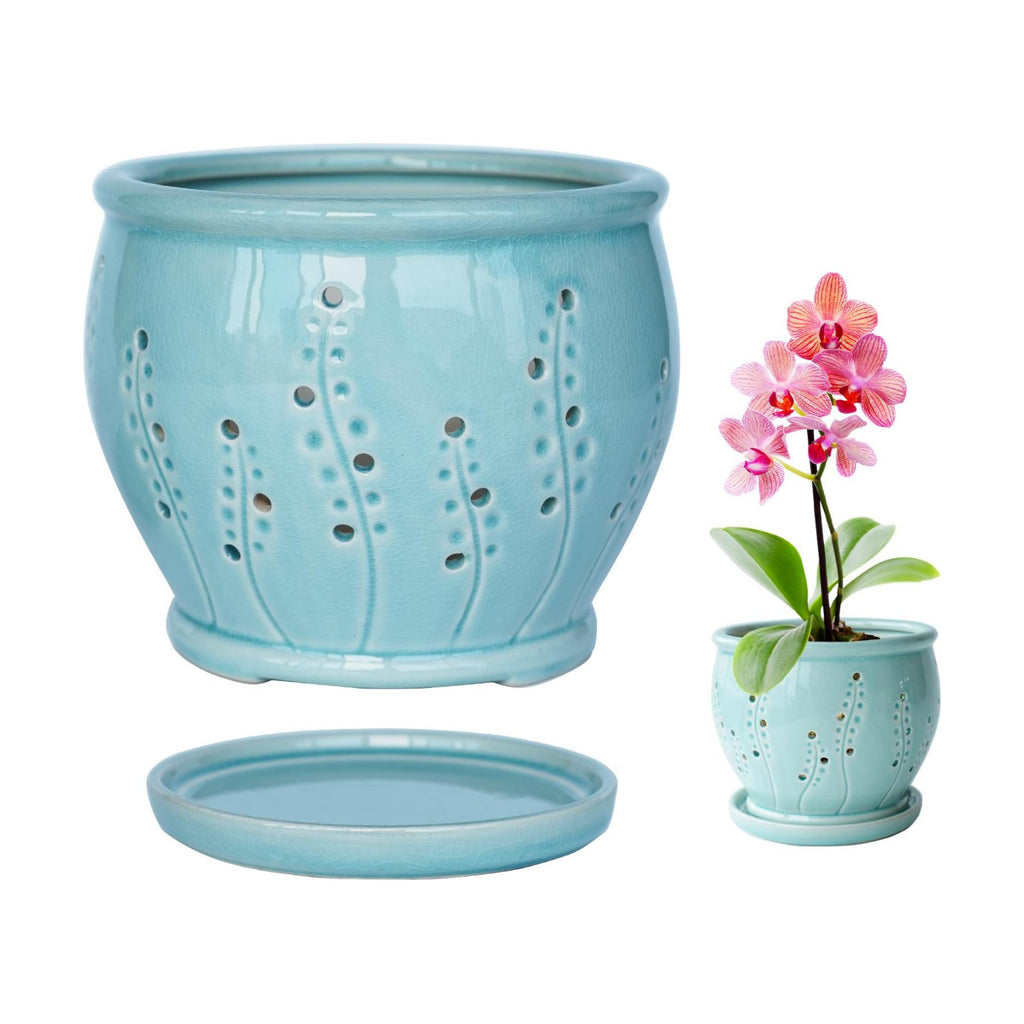 Orchid Pot 6.3 Inch, Orchid Pots with Holes & Saucer, Orchid Pot for Repotting, Beatiful Ice Cracked Glaze Ceramic Plant Pot Indoor Planter, Breathable Slotted Orchids Planter(Water Blue)