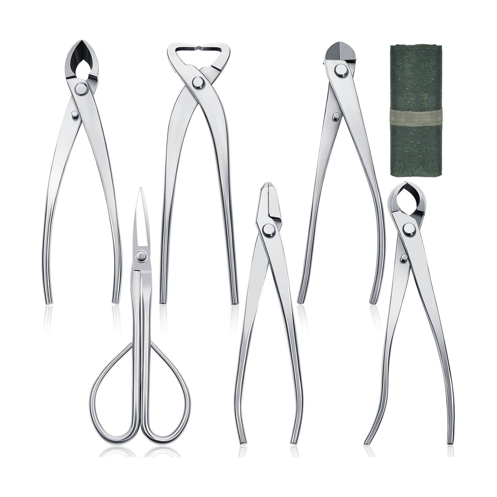 Nuogo 6 Piece Bonsai Tool Set with Roll Bag 8 Inch Heavy Duty Gardening Pruning and Care Kit Concave Knob Wire Cutter