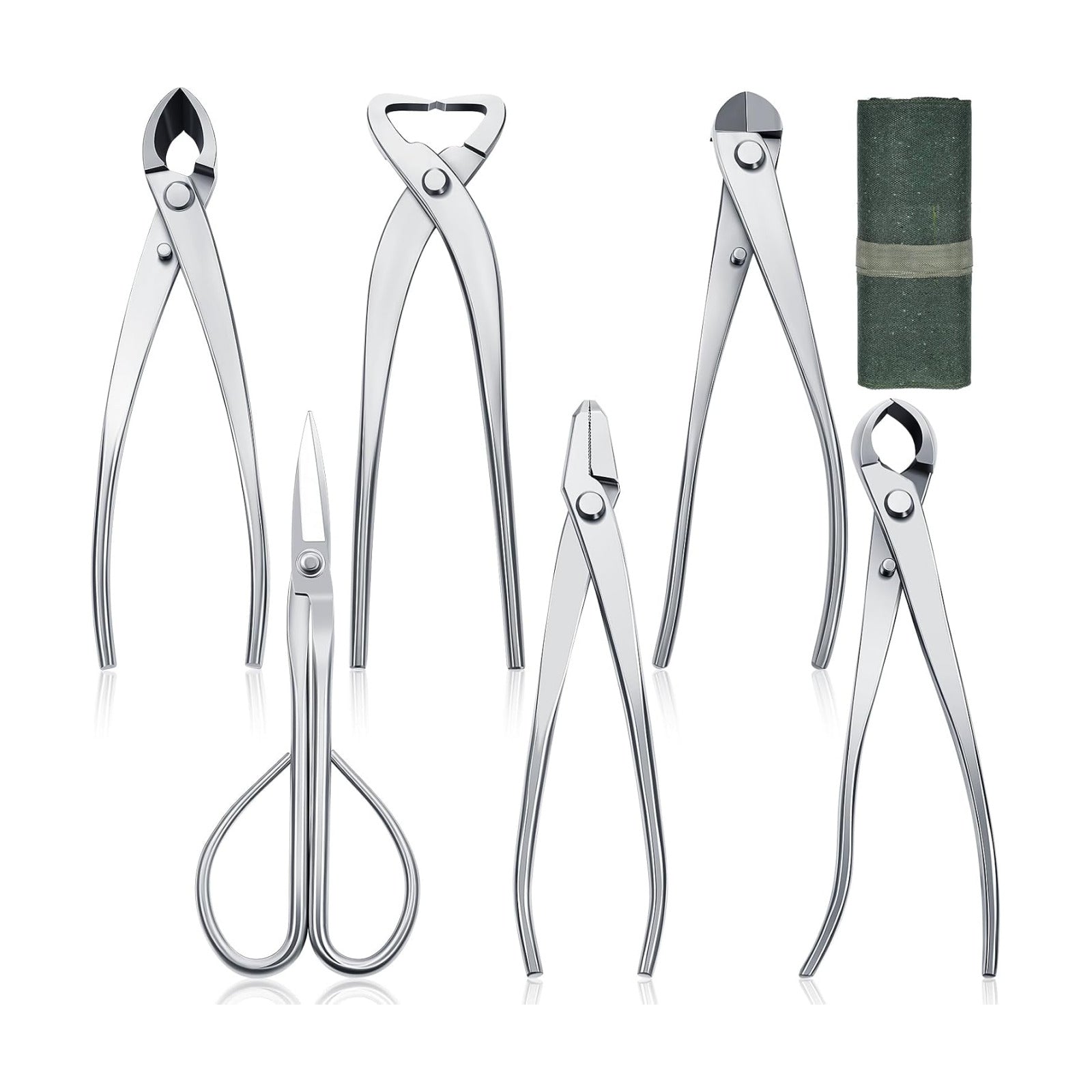 Nuogo 6 Piece Bonsai Tool Set with Roll Bag 8 Inch Heavy Duty Gardening Pruning and Care Kit Concave Knob Wire Cutter