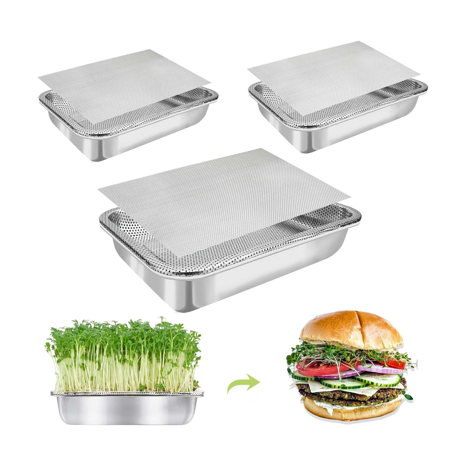 Microgreens Growing Kit 3-Tier 12.4 Inch Sprouting Trays | Stainless Steel Seed Sprouter with 0.3mm Encrypted Silicone