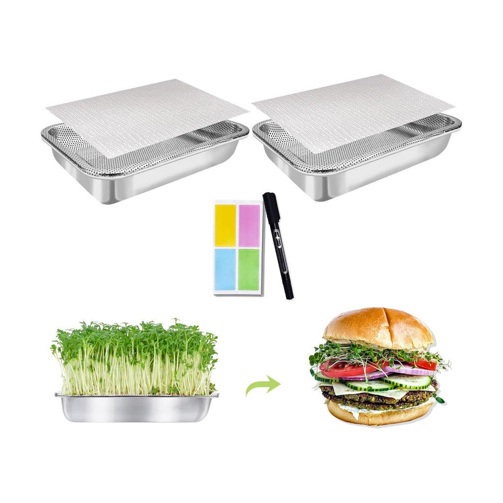 Microgreens Growing Kit 2-Tier 10.4 Inch Sprouting Trays | Stainless Steel Seed Sprouter with 0.3mm Encrypted Silicone