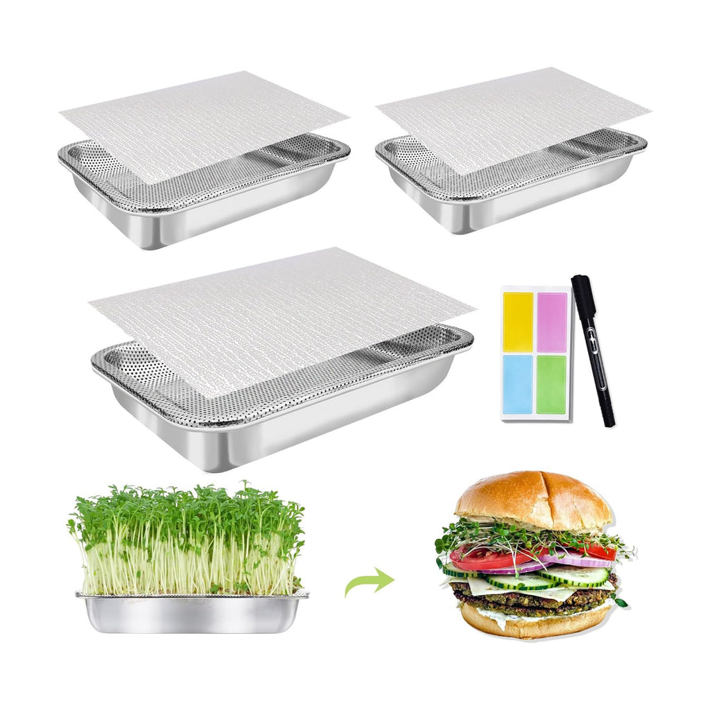 Microgreens Growing Kit 3-Tier 10.4 Inch Sprouting Trays | Stainless Steel Seed Sprouter with 0.3mm Encrypted Silicone