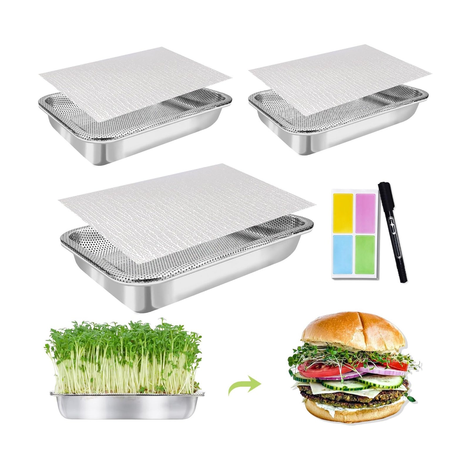 Microgreens Growing Kit 3-Tier 10.4 Inch Sprouting Trays | Stainless Steel Seed Sprouter with 0.3mm Encrypted Silicone