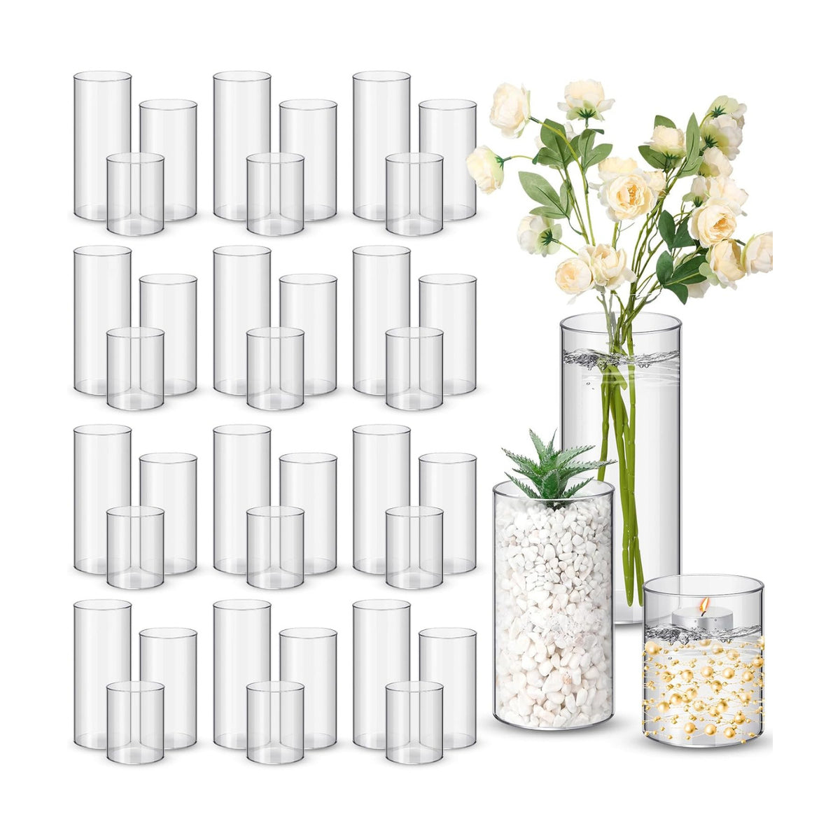 Nuogo 36 Pcs Plastic Cylinder Vases for Centerpieces 4''/6''/8'' Modern