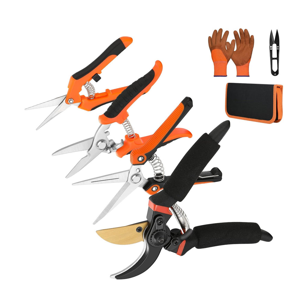 5 pack Garden Pruning Shears Stainless Steel Blades, Handheld Scissors Set with Gardening Gloves,Heavy Duty Garden