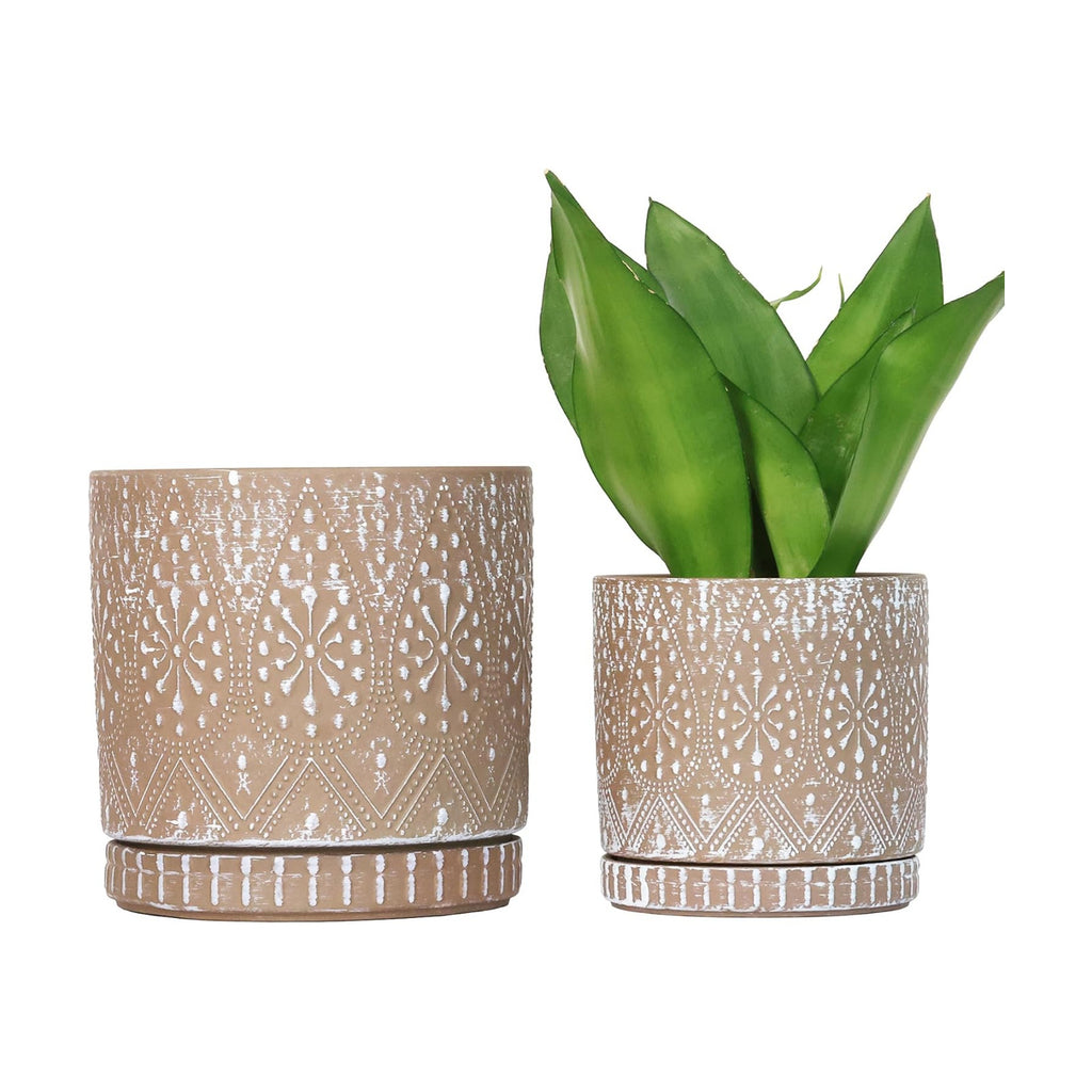 8 Inch + 6 Inch Plant Pot with Drainage Holes and Saucers, Indoor Ceramic Planter for Plants Succulent Orchid Flower
