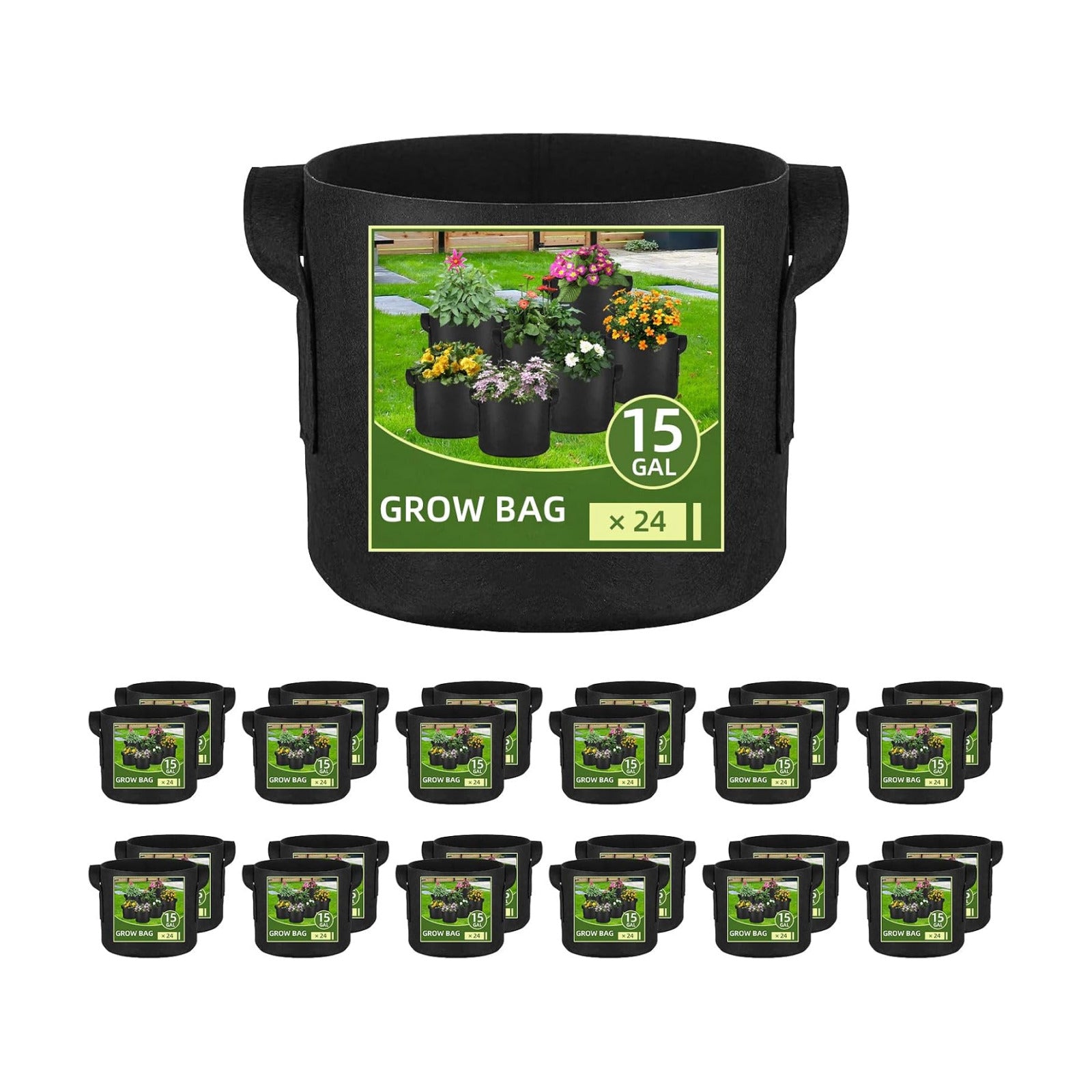 24 Pack 15 Gallon Grow Bags, Heavy Duty Thickened Aeration Fabric Pots with Handles for Vegetable/Flower/Plant