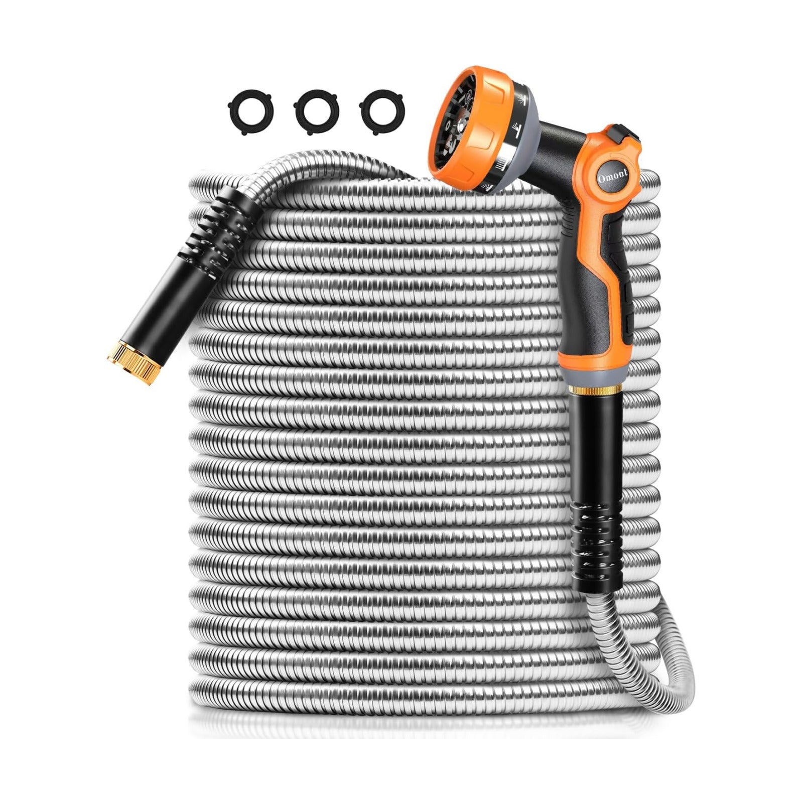 Omont Metal Garden Hose 50FT, Heavy Duty 304 Stainless Steel Water Hoses with Nozzle, Flexible Garden Hose