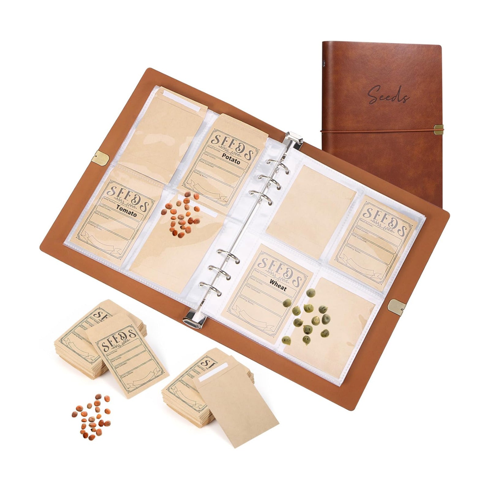 Garden Seed Storage Organizer Binder - 150 Resealable Seed Envelopes Brown Shell with 40 Sheet Protectors for Efficient
