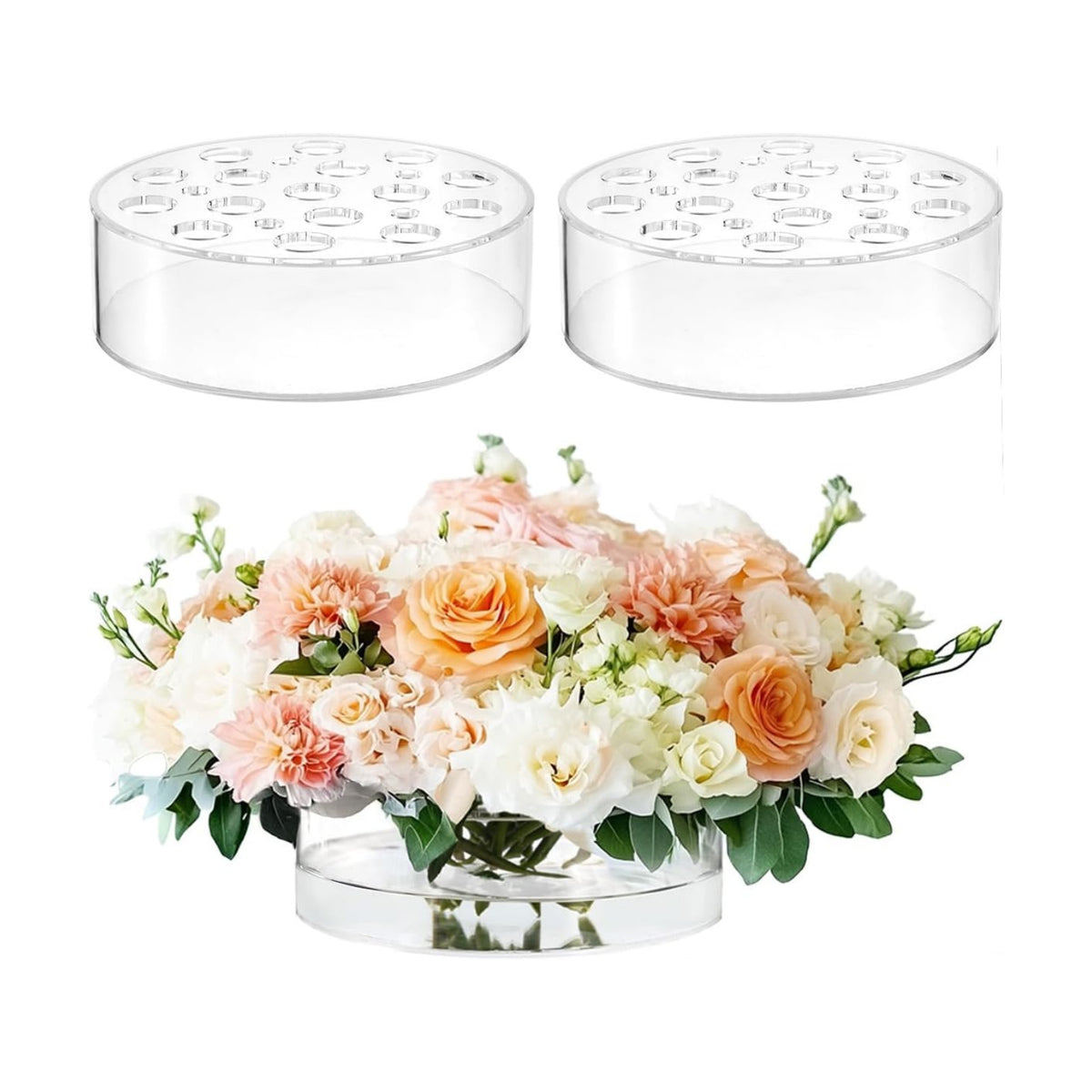 2PACK Large Clear Acrylic Flower Vases with 21 Holes, 8” Round Short Centerpiece Vase for Table Decor Wedding Birthday Home DecorationAcrylic Vase with Holes
