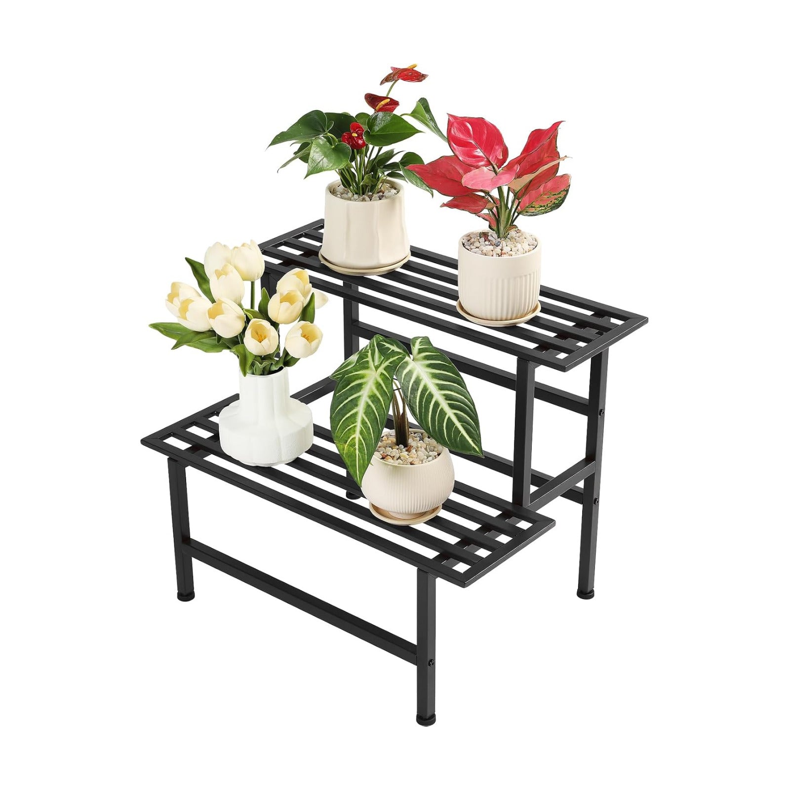Dipion 2 Tier Metal Plant Stand Outdoor Indoor,Ladder Plant Shelf,Black | Weight Capacity 240 lbs Heavy Duty,26"L x