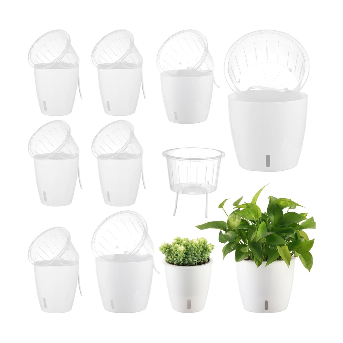 Self-Watering Pots for Indoor Plants, 8-Pack Self Watering Planter with Drainage Holes, Small African Violet Pots with Water Indicator, 5 Packs 5''/3 Pack 6.7'' Orchid Pot, White