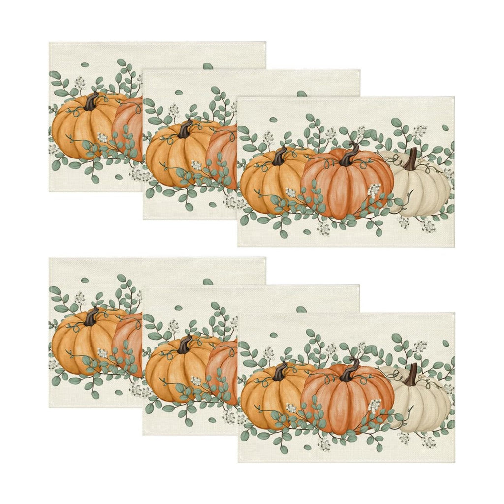 Artoid Mode Orange Pumpkin Eucalyptus Fall Placemats Set of 6, 12x18 Inch Seasonal Table Mats for Table Runner Party Kitchen Dining Decoration