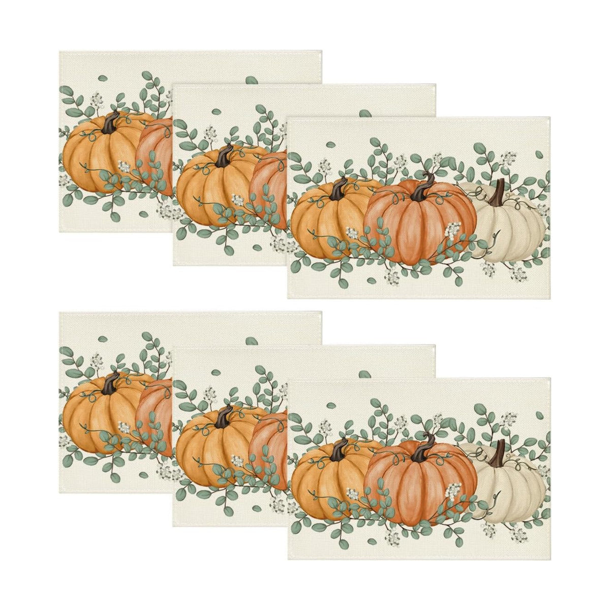 Artoid Mode Orange Pumpkin Eucalyptus Fall Placemats Set of 6, 12x18 Inch Seasonal Table Mats for Table Runner Party Kitchen Dining Decoration