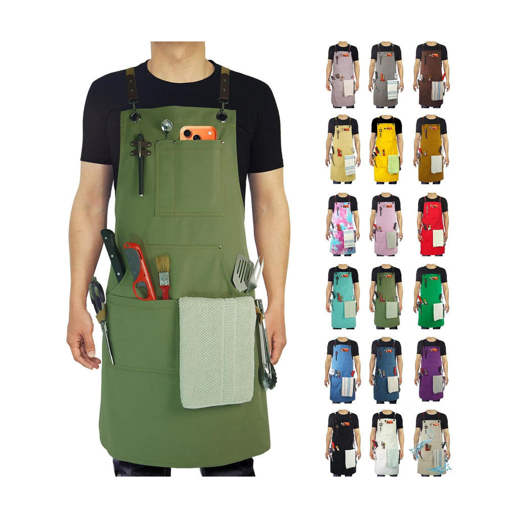 Kitchen Apron, Work Apron, Canvas Apron, Olive | Multiple Pockets, Gardening, Painting, BBQ, Artist, Carpenter, Sizes M