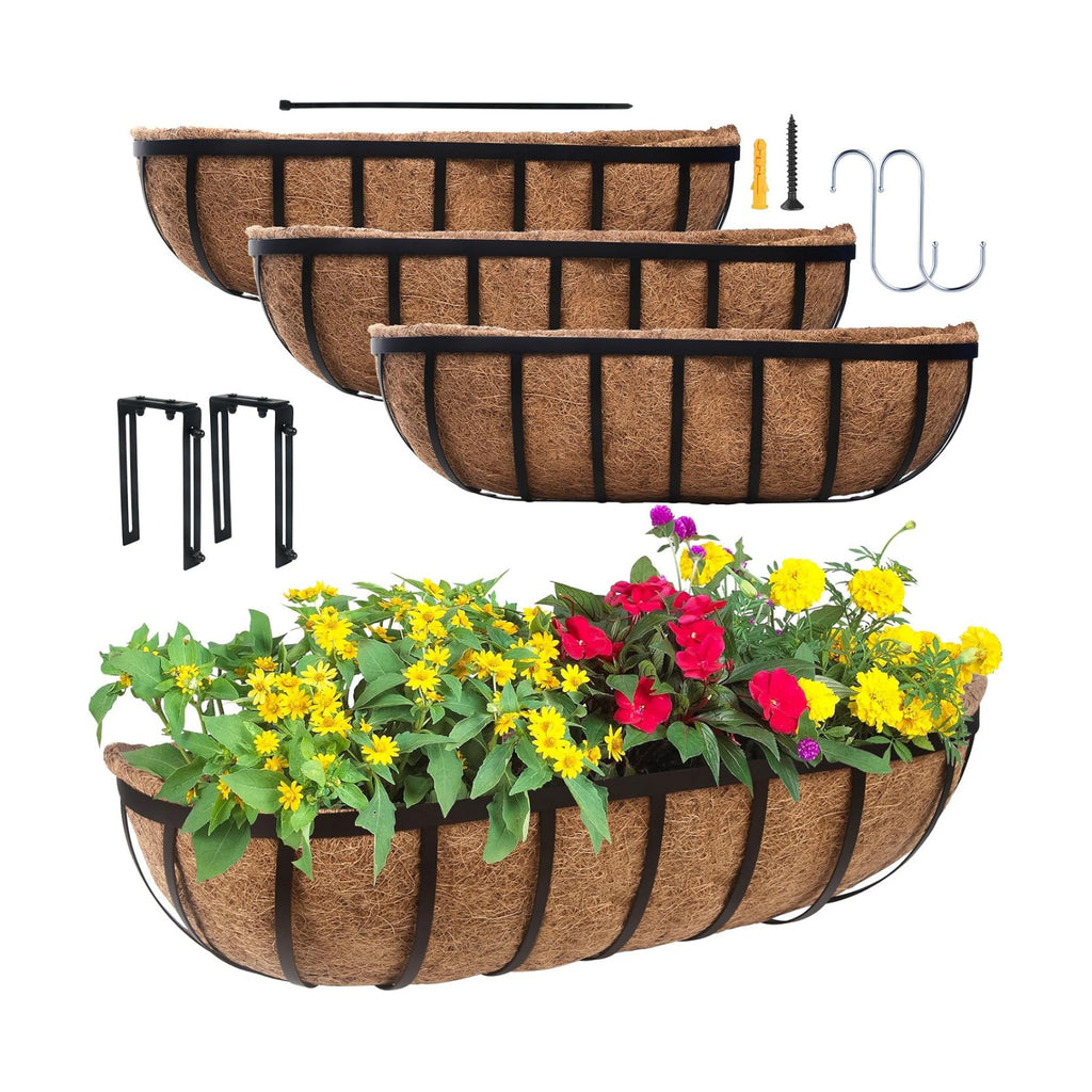 DUNCHATY 24 Inch Railing Planter 4 Pack - Adjustable Metal Window Box Planter with Coco Liner for Deck Balcony Porch