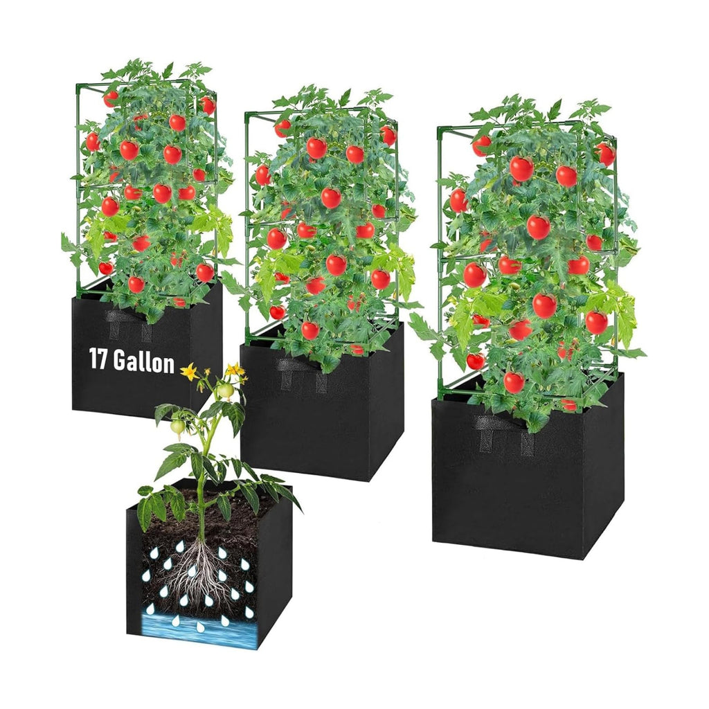 3 Pack Tomato Cages with 17 Gallon Grow Bags, 47” Heavy Duty Square Tomato Plant Stakes Support Cages Trellis for