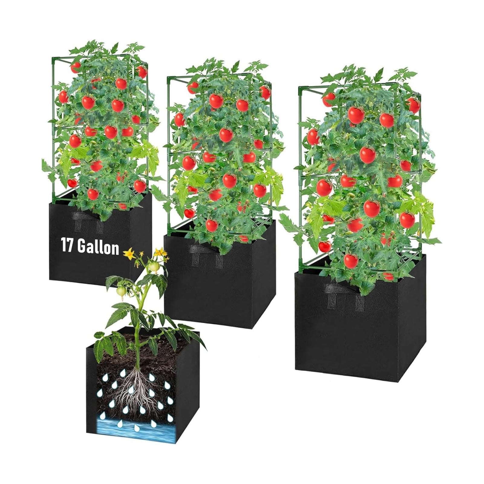 3 Pack Tomato Cages with 17 Gallon Grow Bags, 47” Heavy Duty Square Tomato Plant Stakes Support Cages Trellis for