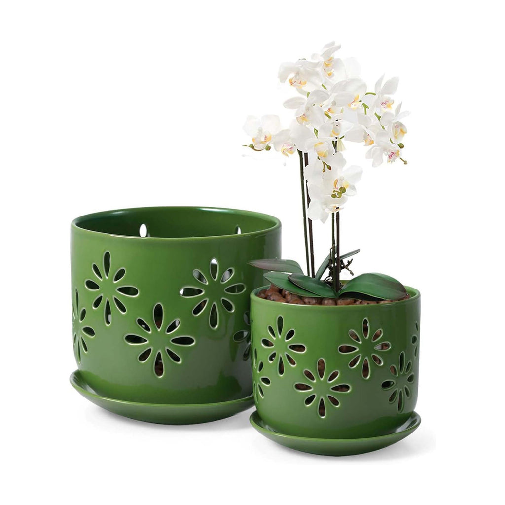 EFISPSS Orchid Pots with Holes,5+6 Inch Ceramic Plant Pots with Drainage Holes and Tray,Enhanced Drainage and Ventilation,Flower Pots for Indoor/Outdoor Plants for Repotting - Green