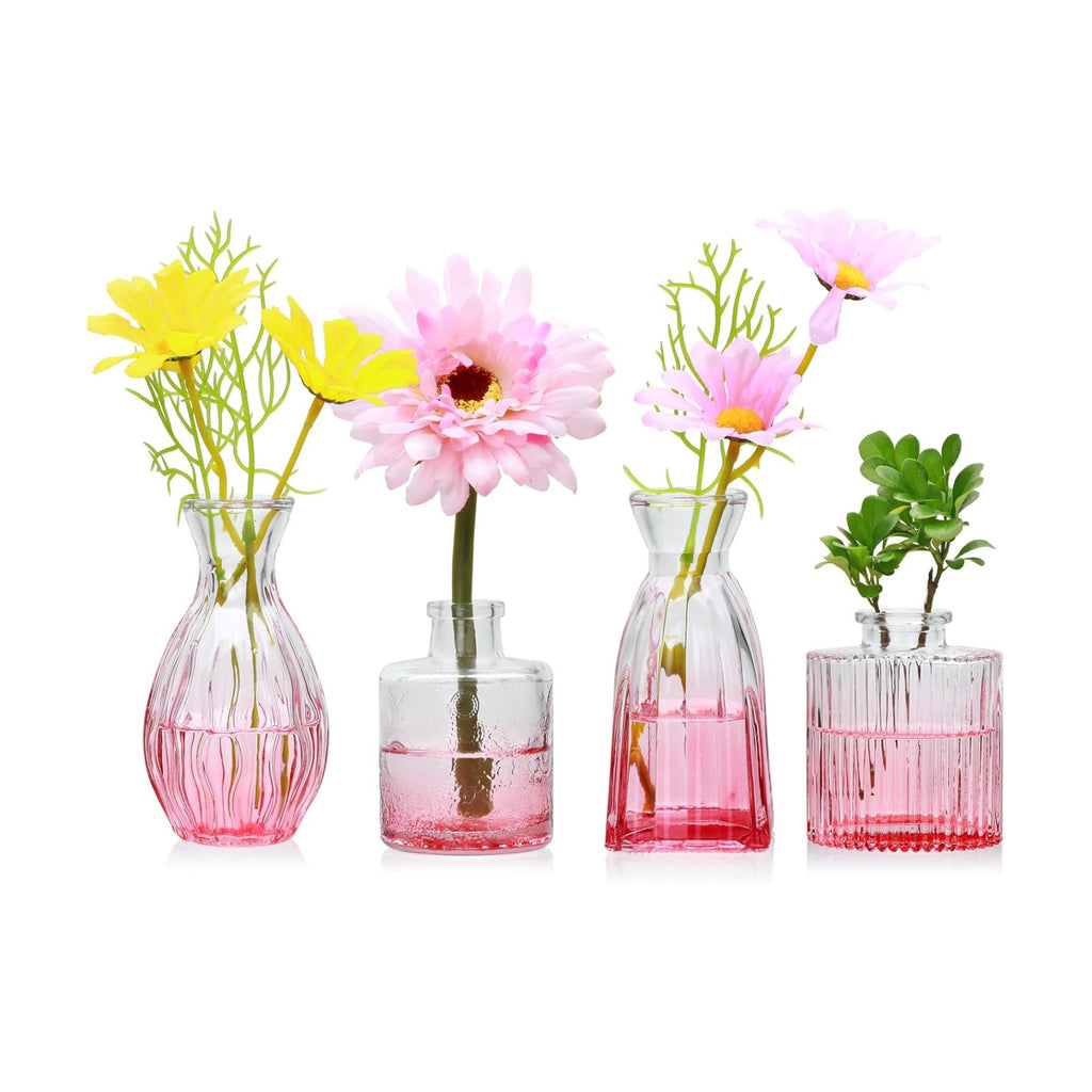 Glass Bud Vases Set of 4, Small Pink Flower Vases for Wedding Centerpieces