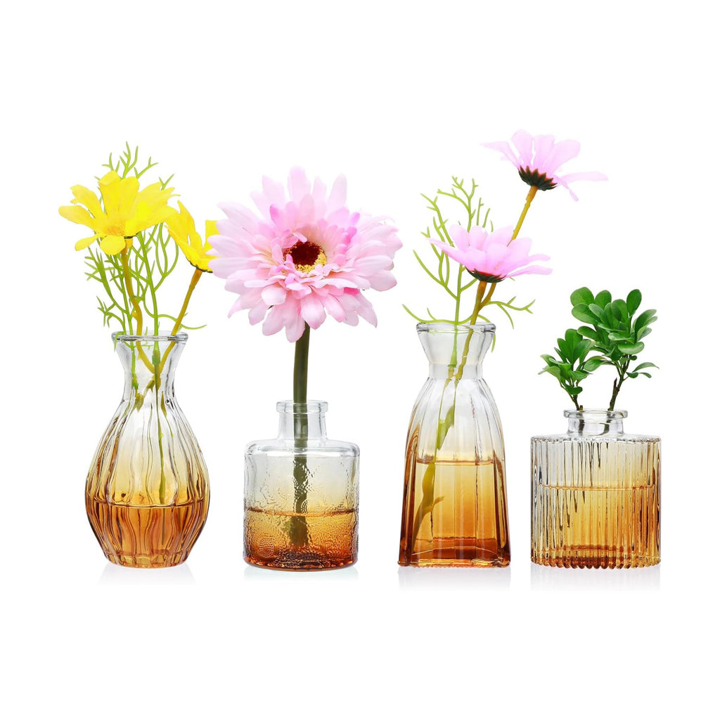 Glass Bud Vases Set of 4, Small Brown Flower Vases for Wedding Centerpieces