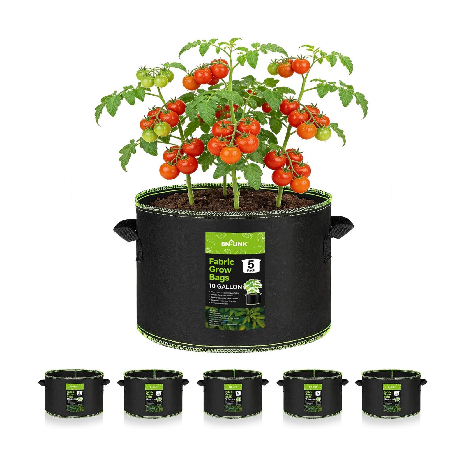 BN-LINK 5-Pack 10 Gallon Grow Bags, Heavy Duty Aeration Fabric Pots with Handles, Thickened Nonwoven Plant Bags for