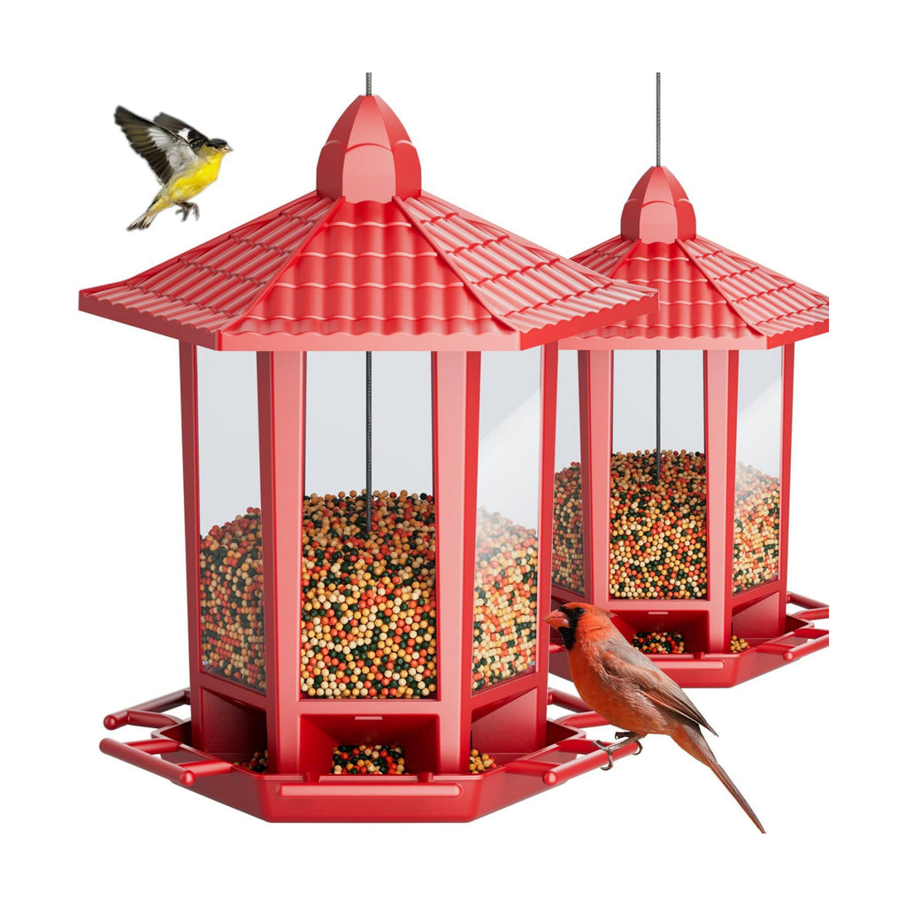 Birdream 2 Pack Bird Feeders for Outdoor Hanging, Retro Pagoda Design Fun Installation Bird Feeder, Attracting Wild Birds Chickadees Goldfinches Cardinals Finches and Sparrows - Red