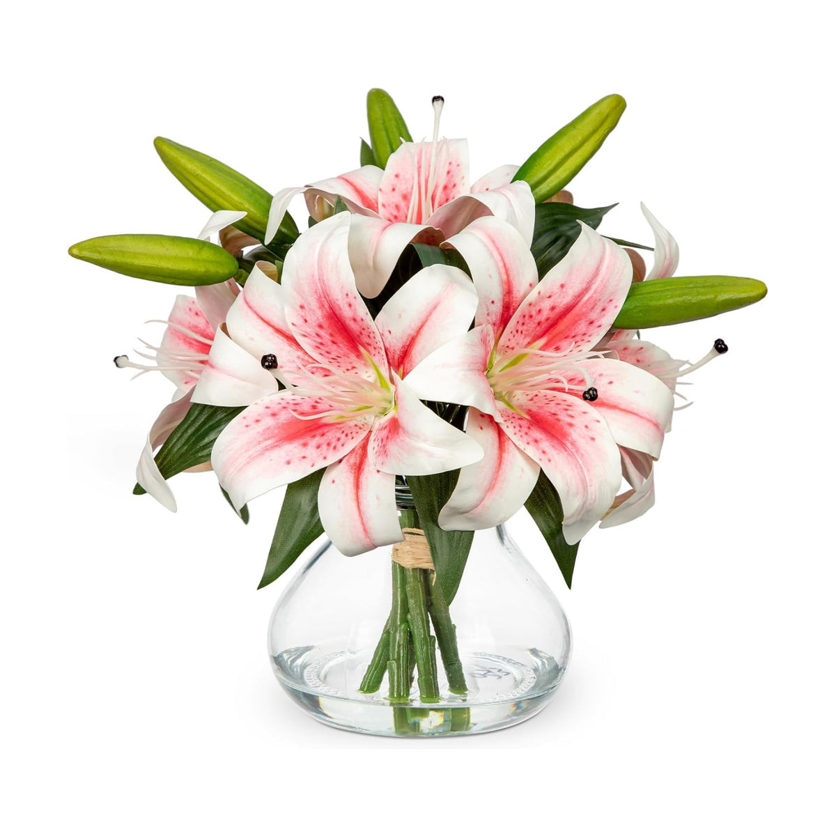 Artificial Flowers Tiger Lily Real Touch with Vase Easter Lily Pink Lilies Silk Faux Flowers Arrangements in Glass Vase with Faux Water Easter Decor Fake Floral Bulk Bouquet for Office Home Decor