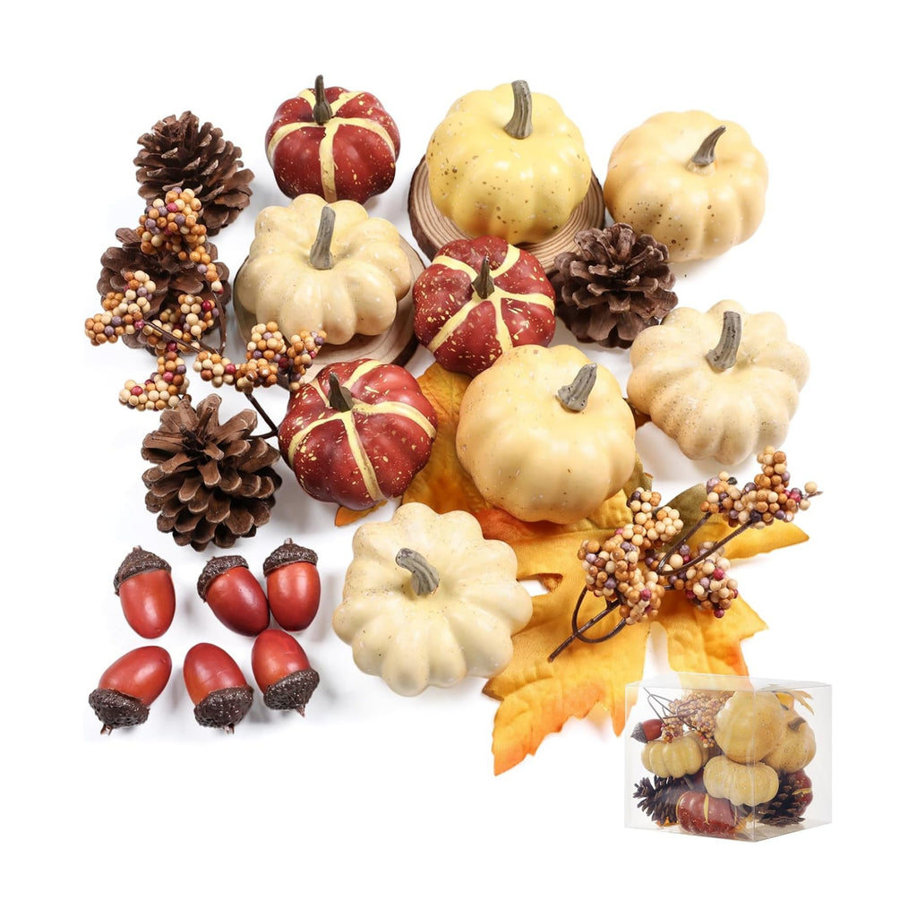 23Pcs Fake Pumpkins Fall Thanksgiving Decorations,Plastic Pumpkins with Acorns,Maple Leaves,Pine cones,Berries, Artificial Mini Pumpkin Decorating Harvest Home Decor Centerpiece Table Decorations